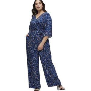 NWT Eloquii Elements plus size blue leopard print kimono sleeve vneck jumpsuit